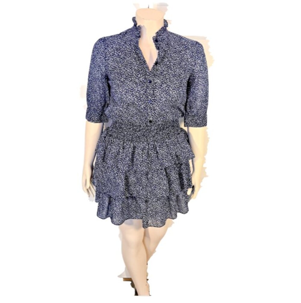 Michael Kors Blue Floral Mini Dress Women's M Smocked Waist Ruffle Tiered V Neck